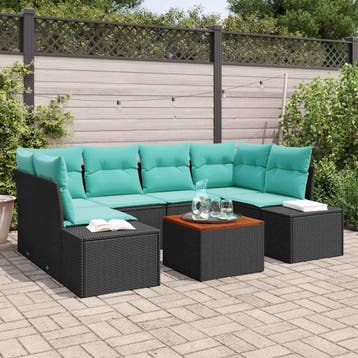 vidaXL Tuinbankenset 7 st Zwart en Turquoise poly rattan, Tuin en Terras, Verzenden, Nieuw, 7 zitplaatsen