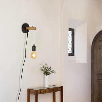 Vintage Industriële Wandlamp Hout E27 met Stekker, Verzenden, Nieuw