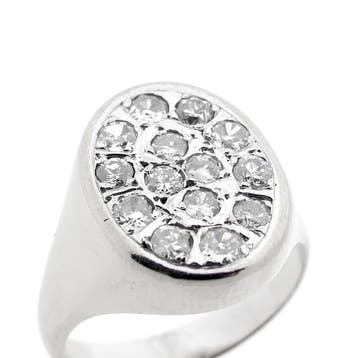 Witgouden ovalen zegelring met diamanten 0,86 ct., Gebruikt, 20 of groter, Ophalen of Verzenden, Dame of Heer