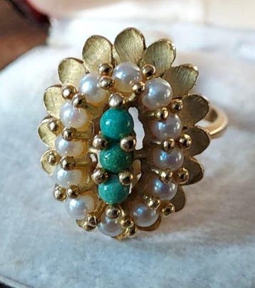 Ring - 18 karaat Geel goud Parel - Turquoise - Joyeria, Sieraden, Tassen en Uiterlijk, Nieuw