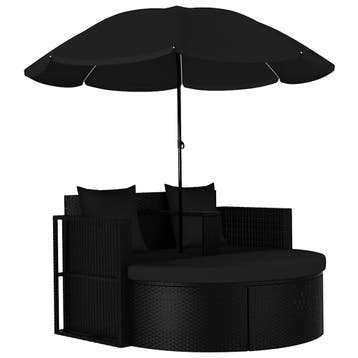 vidaXL Tuinbed met parasol poly rattan zwart, Verzenden, Nieuw