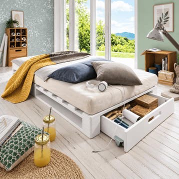 Infanskids Pallet 1-persoonsbed Wit 90x200 cm met Opberglade, Nieuw