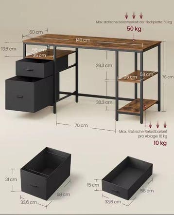 Bureau met Lades en Planken – 140 cm Werkblad Industrieel, Verzenden, Nieuw