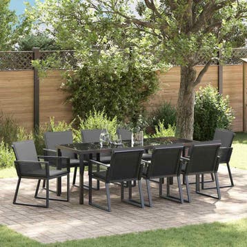 vidaXL Tuin eettafelset 9 st Zwart Gepoedercoat staal, Tuin en Terras, Verzenden, Nieuw, Meer dan 8 zitplaatsen