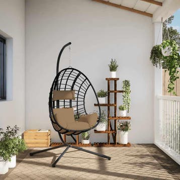 vidaXL Hangstoel met standaard rattan en staal taupe, Verzenden, Nieuw
