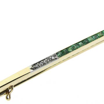 Gouden lange smalle broche met smaragd en diamanten; ca...., Gebruikt, Ophalen of Verzenden, Met edelsteen, Goud