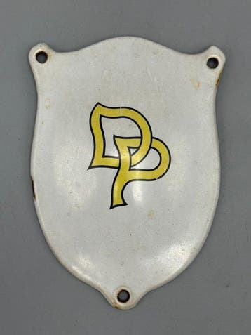 Oud emaille monogrambord / embleembord – wit met geel-zwart