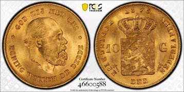 Gouden Willem III 10 gulden 1875 MS66 PCGS gecertificeerd, Koning Willem III, Verzenden, Goud, Losse munt