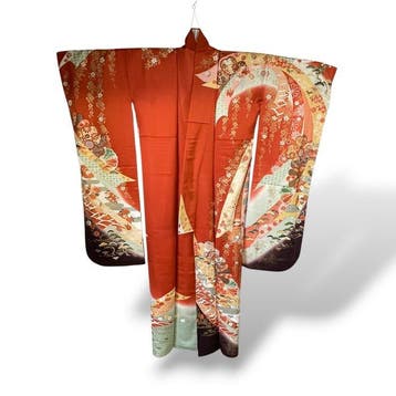 Coral- en saliegroene Furisode Kimono met uitwaaierende