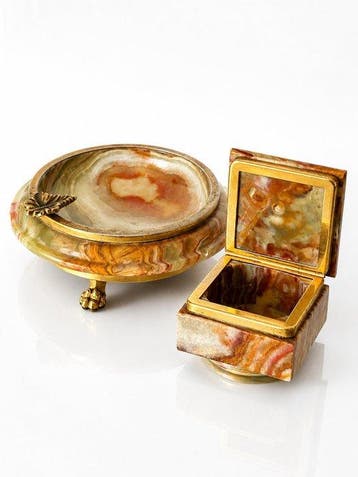Italian Onyx Jewellery Box & Ashtray Set - 60s 70s /