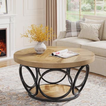 Ronde Houten Salontafel 80cm met 2-Laags Opbergruimte - Land, Verzenden, Nieuw