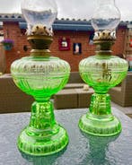 Olielamp (2) - Glas - Antieke groene olielampen