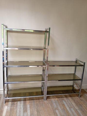 Kast (2) - Chroom - 1970s chrome & glass shelf