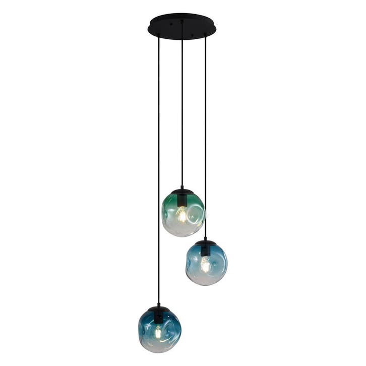 Art deco hanglamp zwart met blauw en groen glas 3-lichts -, Huis en Inrichting, Lampen | Hanglampen, Nieuw, Verzenden