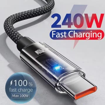 240W Nylon USB-C Snellader Kabel met LED Display - Snel Data, Verzenden, Nieuw