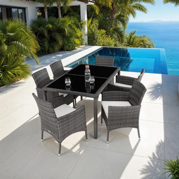 Wicker zitgroep Porto 6+1 met beschermhoes - grijs/wit, Tuin en Terras, Verzenden, Nieuw