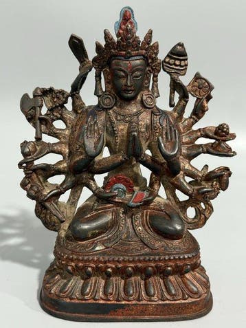 Beeld, Eighteen-armed Buddha Mother - 18 cm - Koper