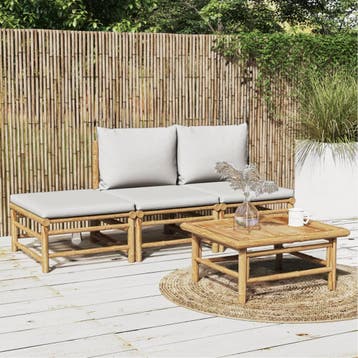 vidaXL 4-delige Loungeset met kussens bamboe lichtgrijs, Verzenden, Nieuw, Hout, Loungeset