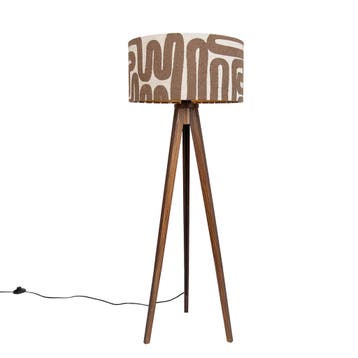 Vloerlamp walnoot hout tripod met bruin en beige gestreepte, Huis en Inrichting, Lampen | Vloerlampen, Verzenden, Nieuw, Hout