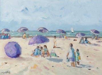 Cor Schaap (1968) - Strandgezicht met parasols, Antiek en Kunst