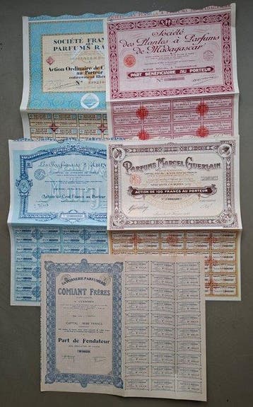 Frankrijk. 5 x Parfum aandeel 1922 - 1929 (Zonder