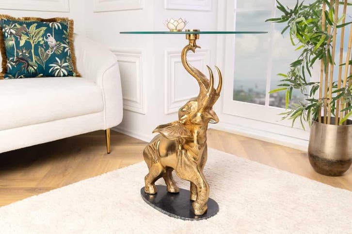 Ronde bijzettafel ELEPHANT 80cm goud metaal glas marmeren, Huis en Inrichting, Tafels | Sidetables, Ophalen of Verzenden