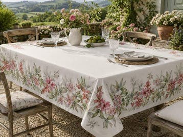 Allegra tafellaken voor grote tafels. Bloemrijke elegantie.