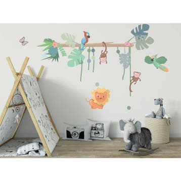 Boomstam met papegaaien en aapjes muursticker (95x65cm), Verzenden, Nieuw