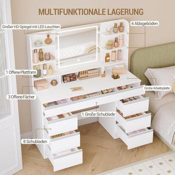 Hzuaneri Grote make-uptafel met ledverlichting, 3 kleuren, h, Verzenden, Zo goed als nieuw
