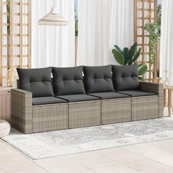 vidaXL 4-delige Loungeset met kussens poly rattan lichtgrijs, Verzenden, Nieuw, Loungeset