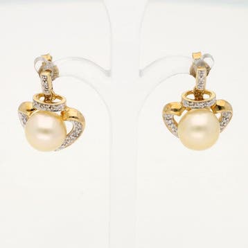 Oorbellen - 9 kt. Geel goud Parel - Diamant, Sieraden, Tassen en Uiterlijk, Oorbellen, Nieuw