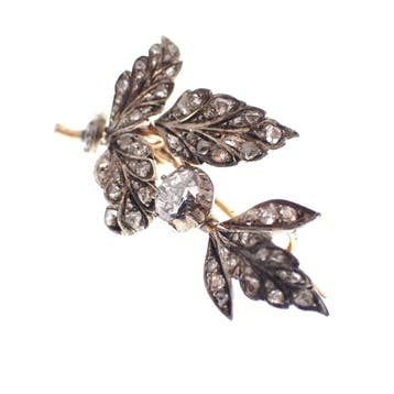 Antiek goud met zilveren broche met diamanten; ca. 1.00 ct., Gebruikt, Ophalen of Verzenden, Met edelsteen, Zilver
