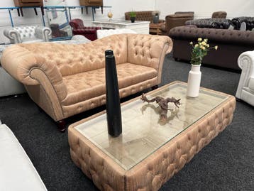 Uniek zijde Chesterfield 3 zitsbank+ Chesterfield Salontafel, Ophalen, Zo goed als nieuw, Stof, CHESTERFIELD