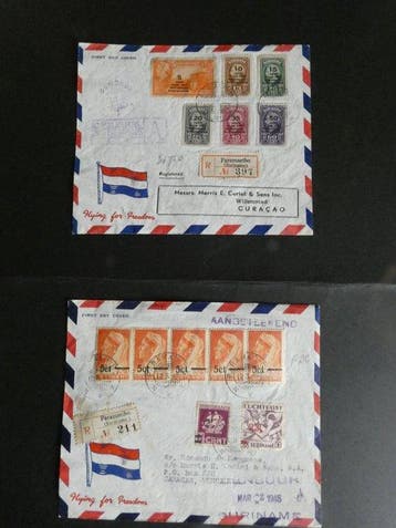 Suriname 1945 - 2 x FDC Voorloper Hulpuitgifte en Steunfonds, Gestempeld