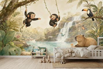 Jungle fotobehang kinderkamer – apen bij de waterval, Huis en Inrichting, Verzenden, Fotobehang