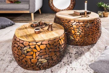 Set van 2 ronde salontafels STONE MOSAIC 65cm koper, Ophalen of Verzenden, Nieuw