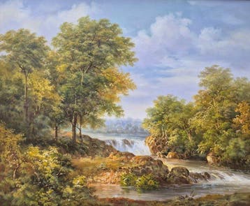 T. Steve (XX) - Waldlandschaft mit Wasserfall, Antiek en Kunst