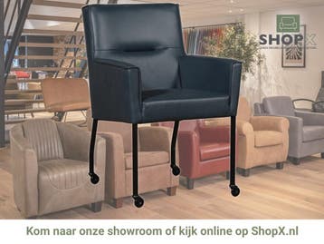 Leren eetkamerstoel met wieltjes en armleuning Lucky -, Bohemian, Industrieel, Modern, Scandinavisch, Blauw, Nieuw, Leer