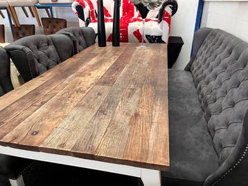 Grote Eethoek met grijs Leren Bank en 3 Stoelen !!!, Ophalen, Gebruikt, Landelijk (Stoer), Minder dan 4 stoelen