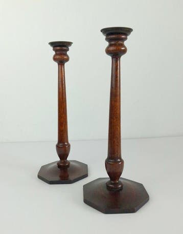 Kaarsenhouder - gedraaide hout met messing wandlampen - (2)
