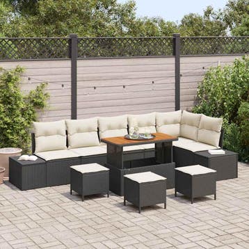 vidaXL Tuinbankenset met kussen 10 pcs Zwart poly rattan, Verzenden, Nieuw, Rotan, Meer dan 8 zitplaatsen