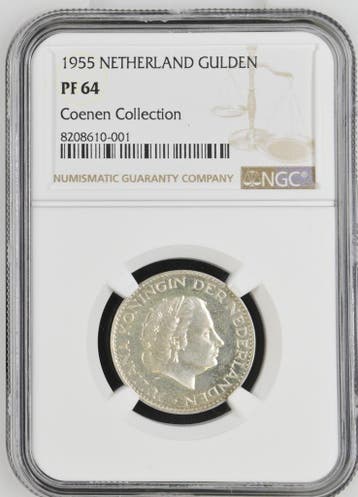 Koningin Juliana zilveren 1 gulden 1955 proof PF64 NGC, Postzegels en Munten, Munten | Nederland, 1 gulden, Koningin Juliana, Verzenden