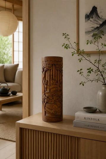 Grote Antieke Chinese Bamboe Penselenkoker Bitong 32cm, Verzenden, Handgemaakt, 20 - 50 cm, Hout