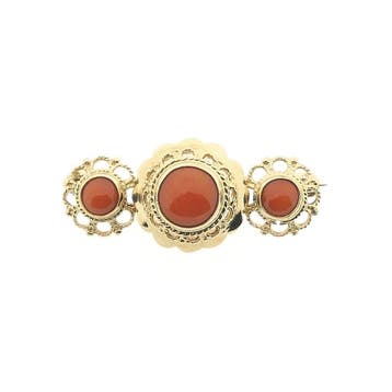 Antiek gouden broche met bloedkoraal, Gebruikt, Overige kleuren, Ophalen of Verzenden, Met edelsteen