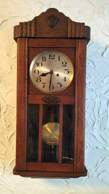 Hang/Wandklok - Art Deco -eikenhout- messing - Junghans