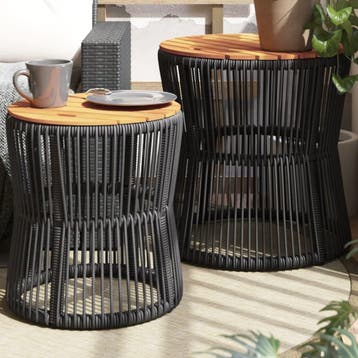 vidaXL Tuinbijzettafels 2 st met houten blad poly rattan, Tuin en Terras, Tuintafels, Verzenden, Nieuw