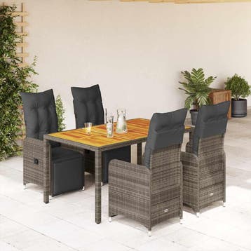 vidaXL 5-delige Bistroset met kussens poly rattan grijs, Verzenden, Nieuw, 4 zitplaatsen