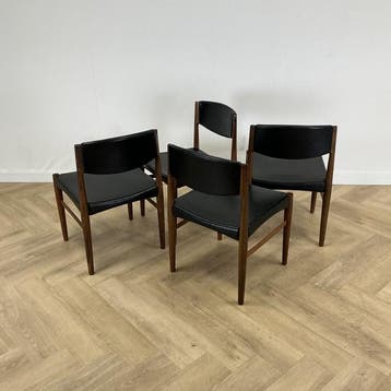 Set van 4 vintage teakhouten eetkamerstoelen van Grete Jalk, Huis en Inrichting, Stoelen, Gebruikt, Zwart, Leer, Ophalen of Verzenden
