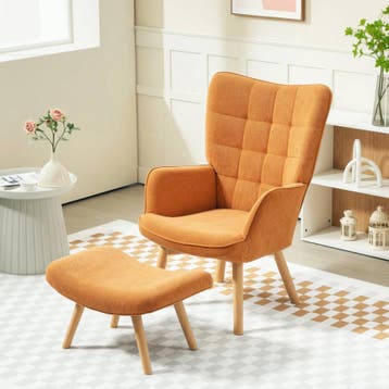 Loungestoel met Kruk – Comfort; Hout Oranje Design Stoel, Huis en Inrichting, Stoelen, Verzenden, Nieuw, Hout