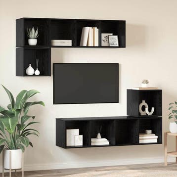 vidaXL Tv-meubelset Wandgemonteerd 4 pcs Zwart Eiken Bewerkt, Minder dan 50 cm, Verzenden, Nieuw, Minder dan 100 cm